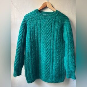 Vintage Alpaca Angora Wool Fuzzy Chunky Green Cable Knit Sweater